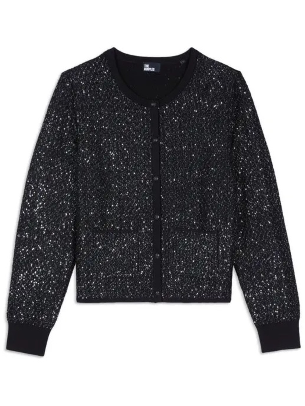 The Kooples Black Sequin Knitted Cardigan w Ribbed Trim & Heritage Buttons